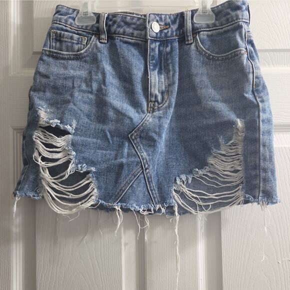 Pacsun Los Angeles Denim Mini Skirt Jean Cut Button Zip Distressed Waist 25 - Picture 1 of 8